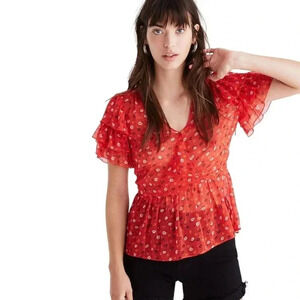 Madewell Red Tiered-Sleeve Peplum Top in Metallic Prairie Posies Size 4
